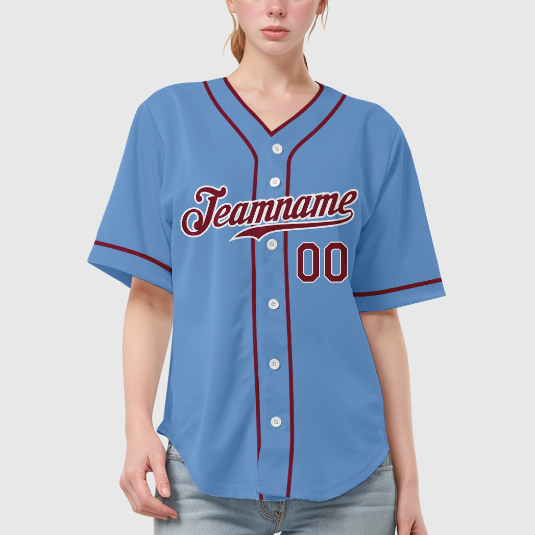 Custom Light Blue White Crimson Piping Baseball Jersey