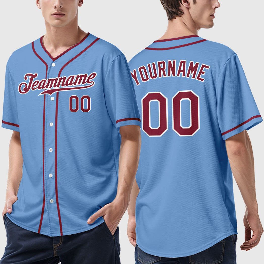 Custom Light Blue White Crimson Piping Baseball Jersey