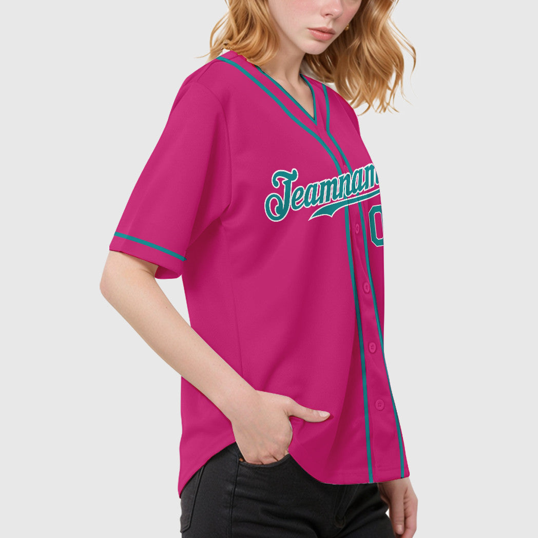 Custom Pink White Teal Piping Baseball Jersey