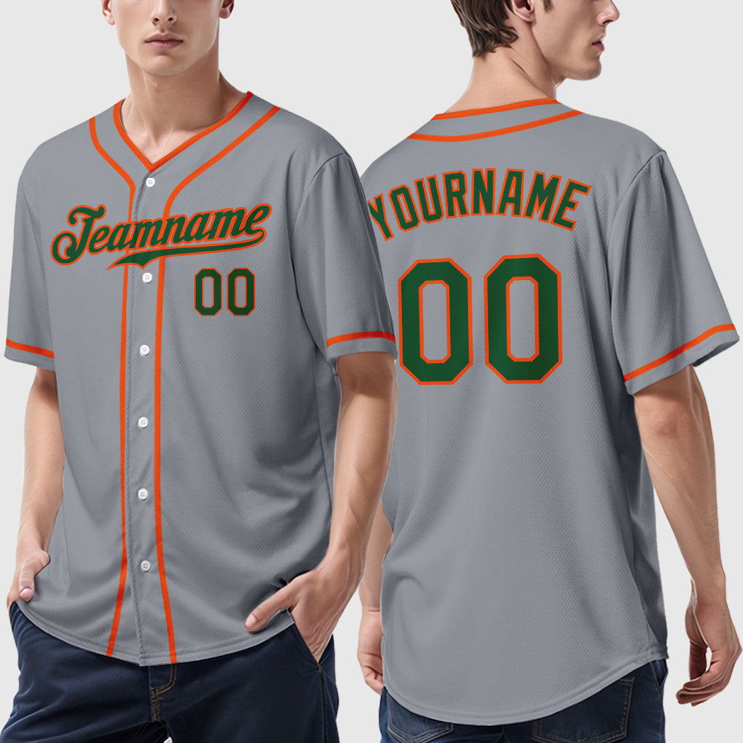 Custom Gray Green Orange Piping Baseball Jersey
