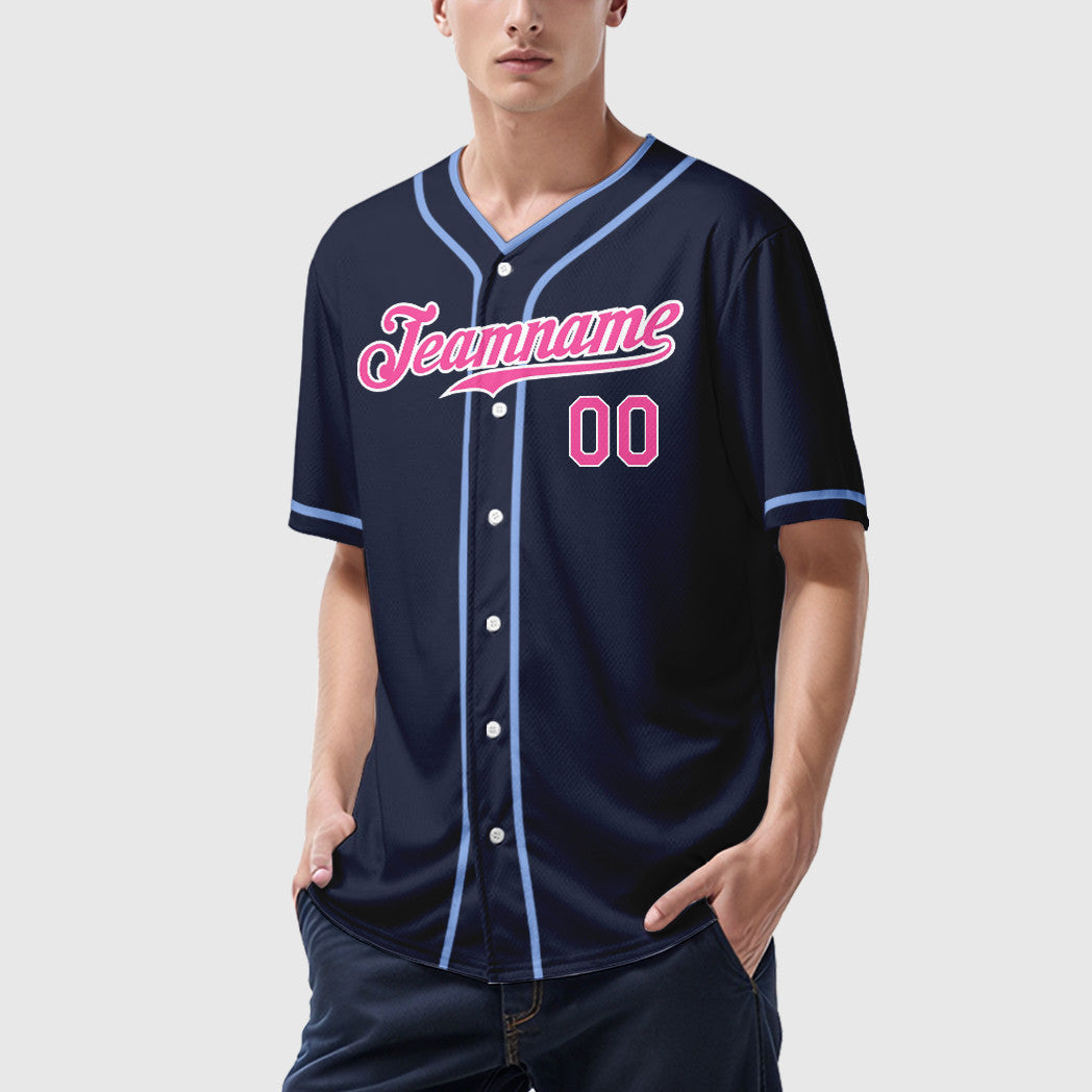 Custom Navy White Pink Piping Baseball Jersey