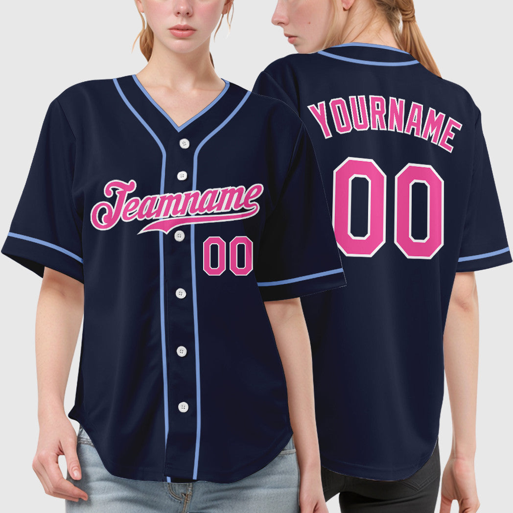 Custom Navy White Pink Piping Baseball Jersey