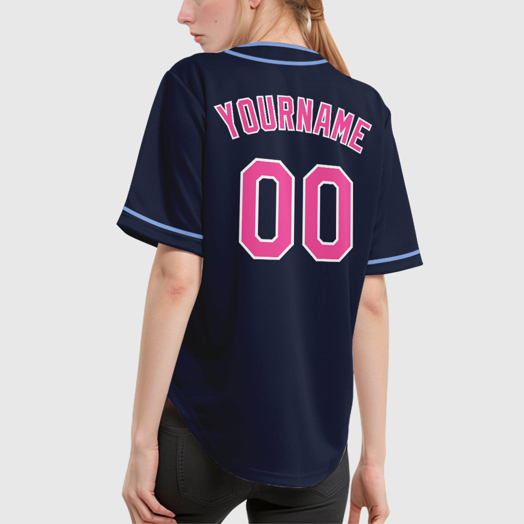 Custom Navy White Pink Piping Baseball Jersey