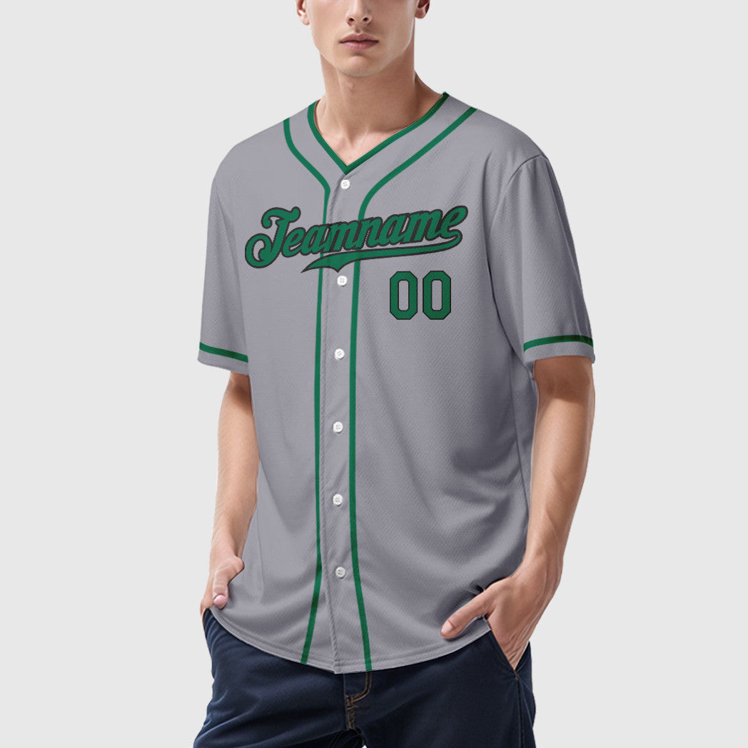 Custom Gray Black Kelly Green Piping Baseball Jersey