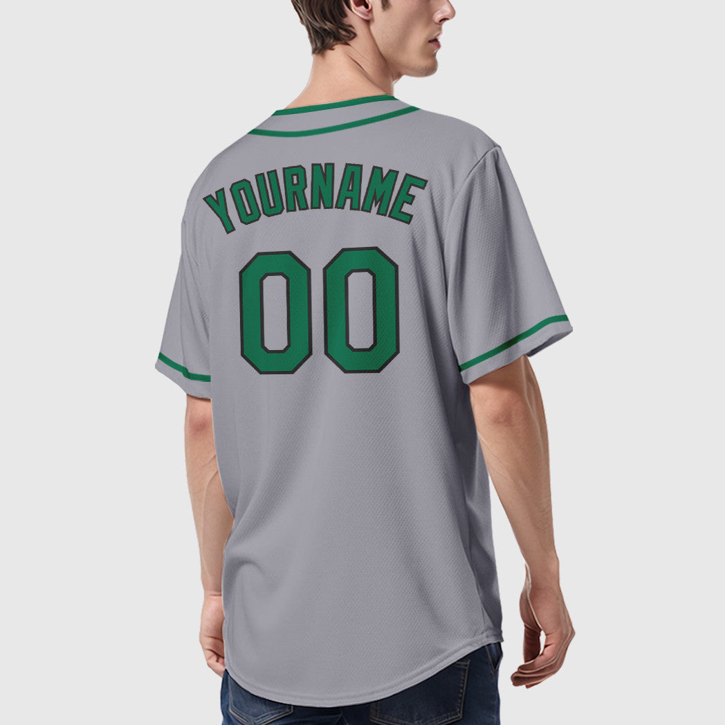 Custom Gray Black Kelly Green Piping Baseball Jersey