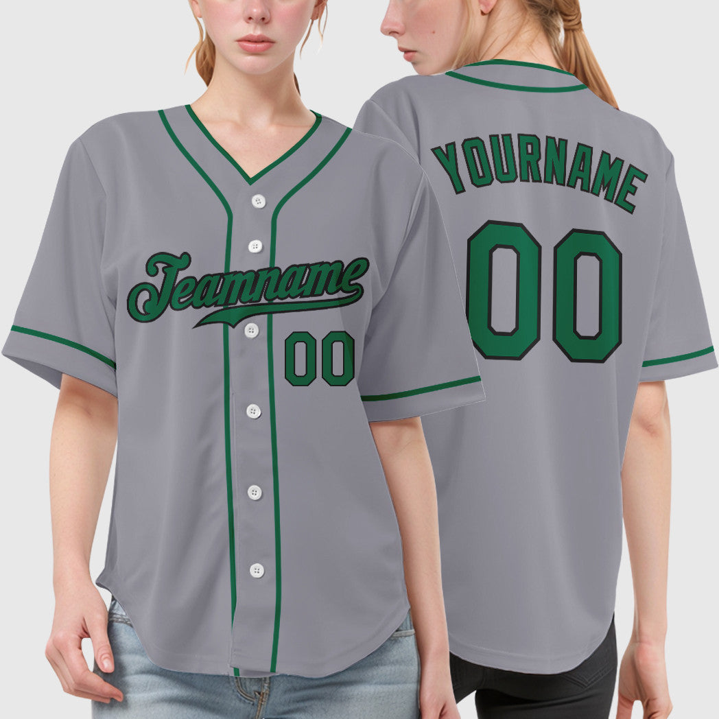 Custom Gray Black Kelly Green Piping Baseball Jersey