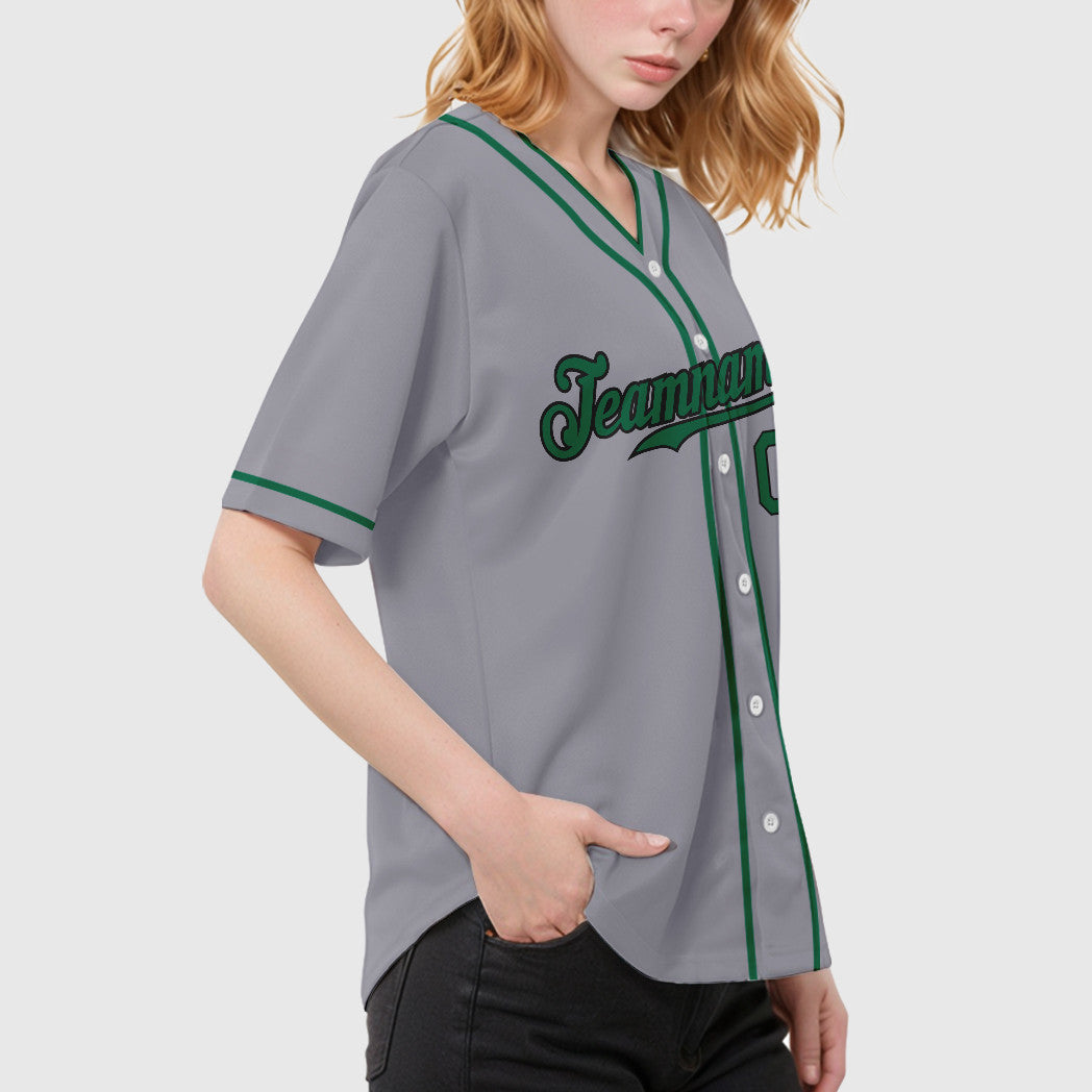 Custom Gray Black Kelly Green Piping Baseball Jersey