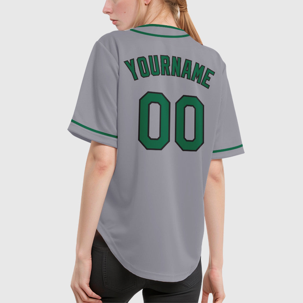 Custom Gray Black Kelly Green Piping Baseball Jersey