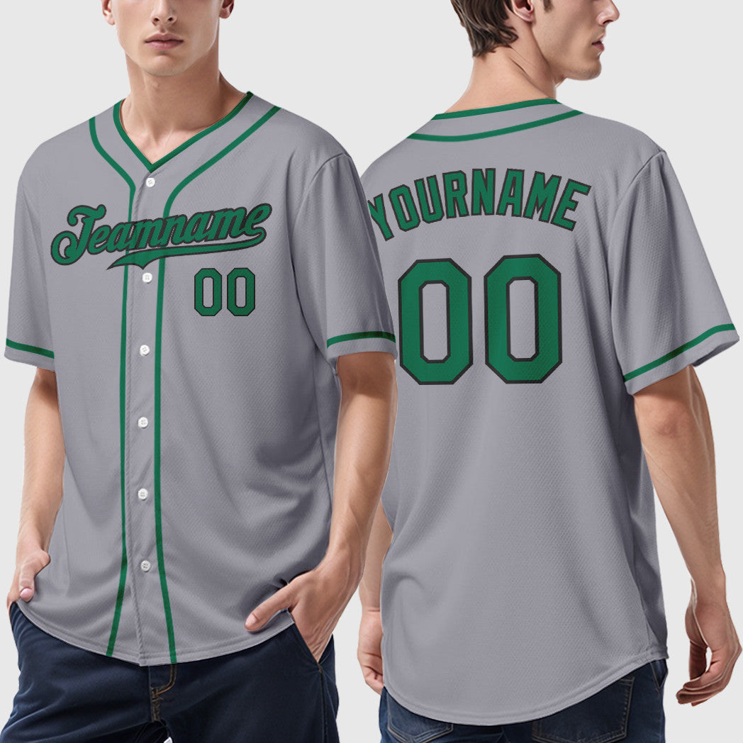 Custom Gray Black Kelly Green Piping Baseball Jersey