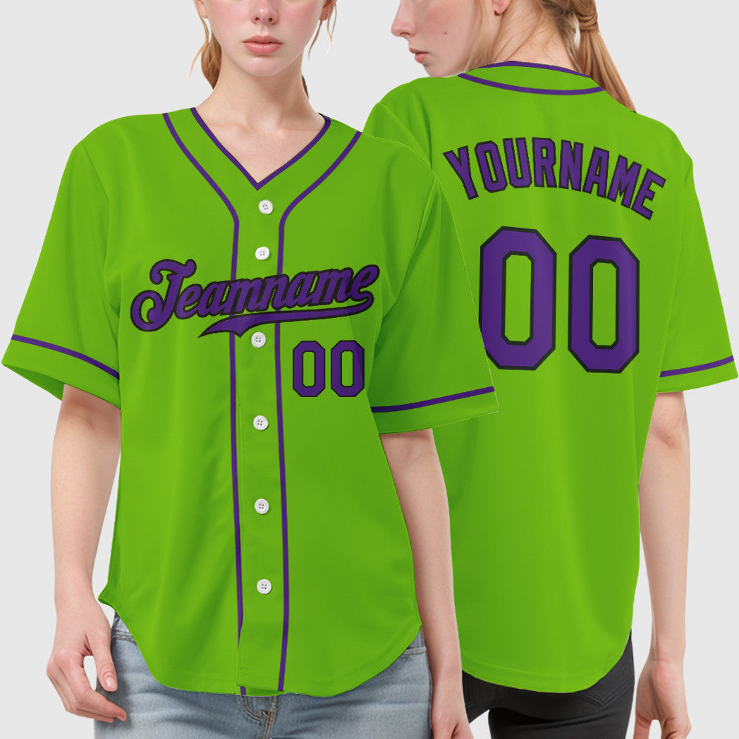 Custom Neon Green Black Purple Piping Baseball Jersey