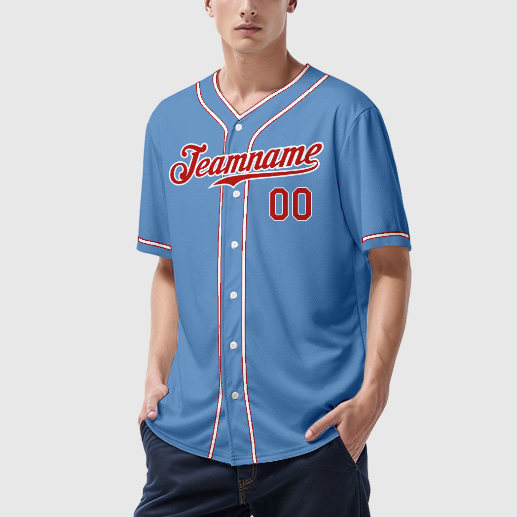 Custom Light Blue White Red Piping Baseball Jersey