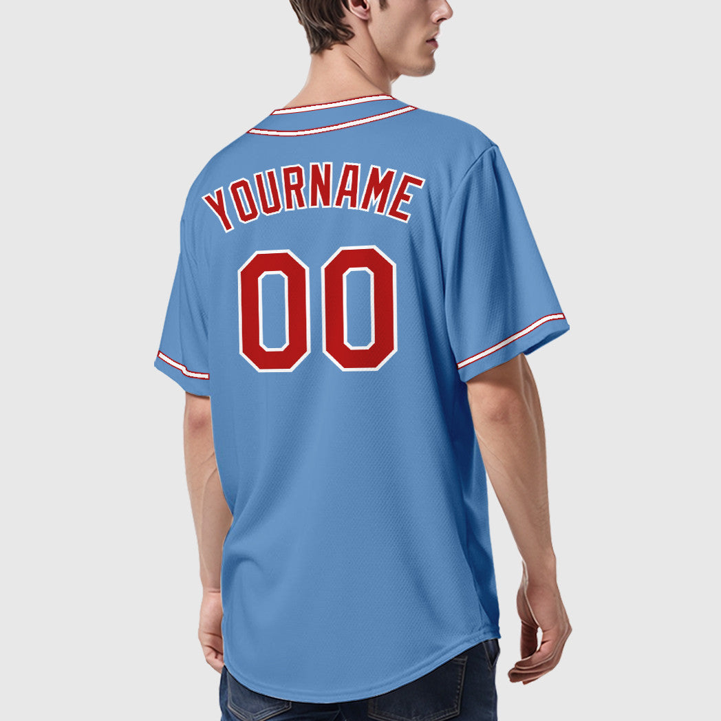 Custom Light Blue White Red Piping Baseball Jersey
