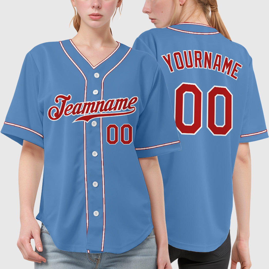 Custom Light Blue White Red Piping Baseball Jersey