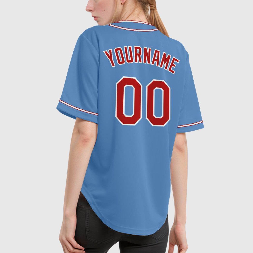 Custom Light Blue White Red Piping Baseball Jersey