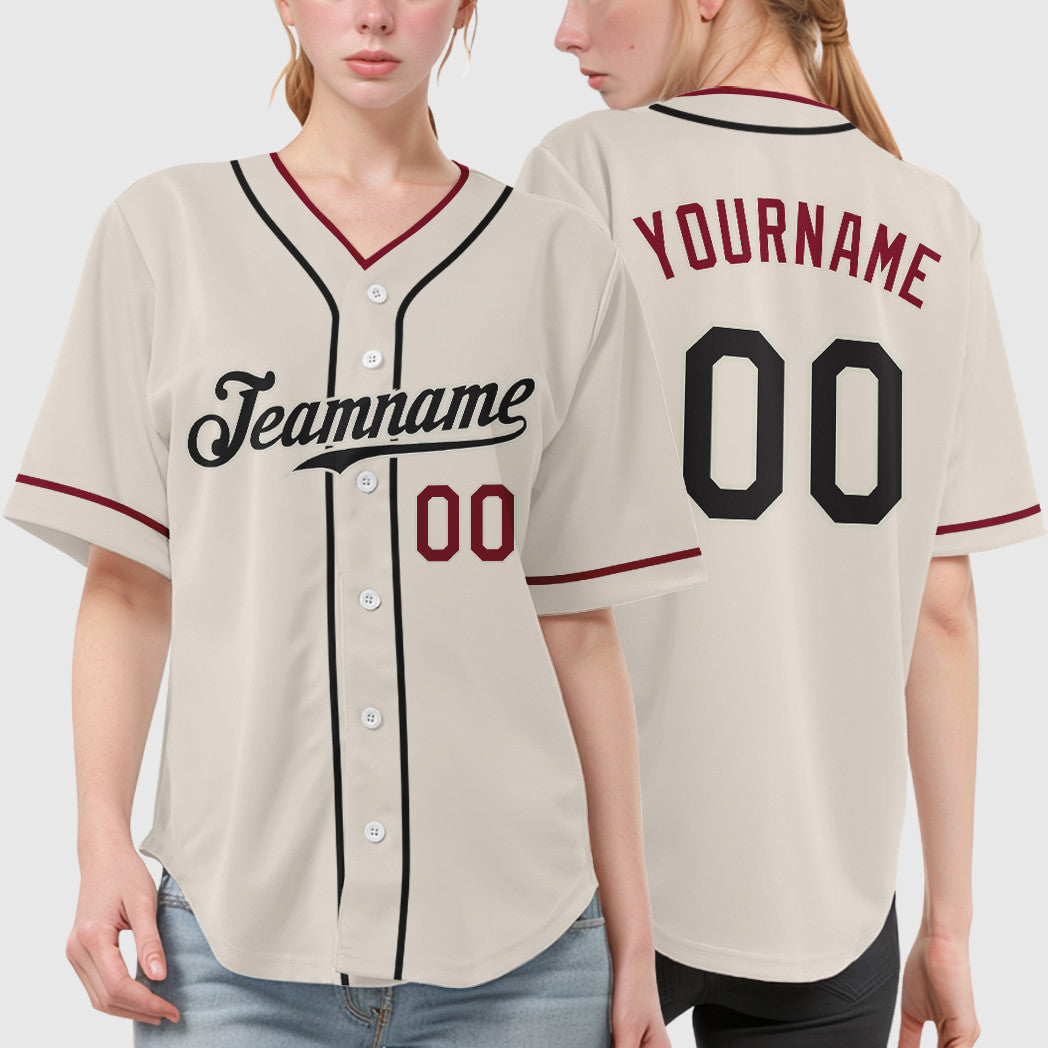 Custom Cream Black Crimson Piping Baseball Jersey