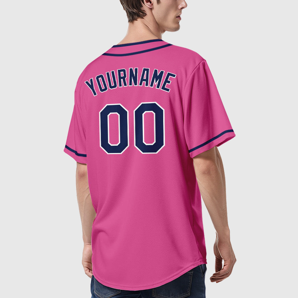 Custom Pink White Navy Piping Baseball Jersey