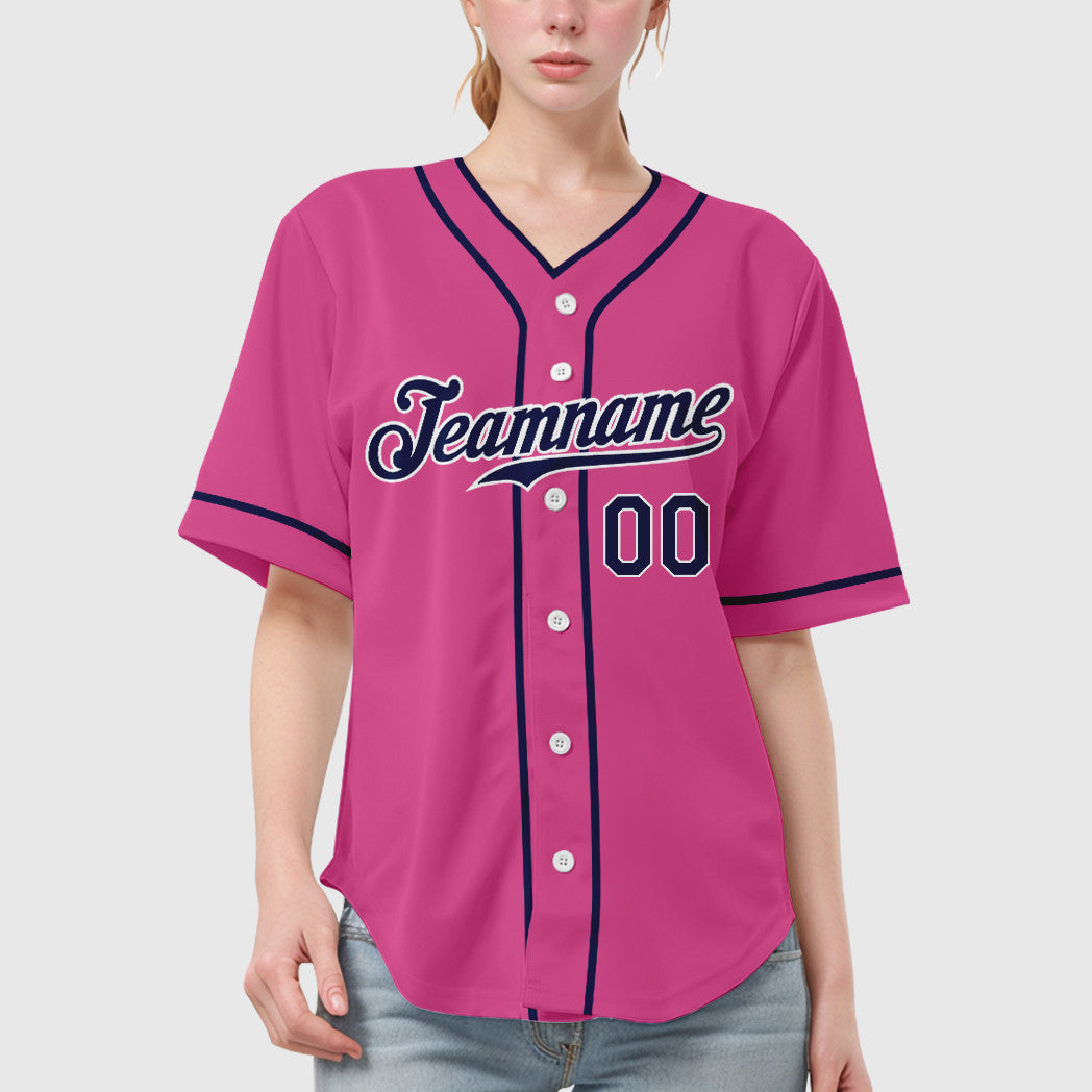 Custom Pink White Navy Piping Baseball Jersey