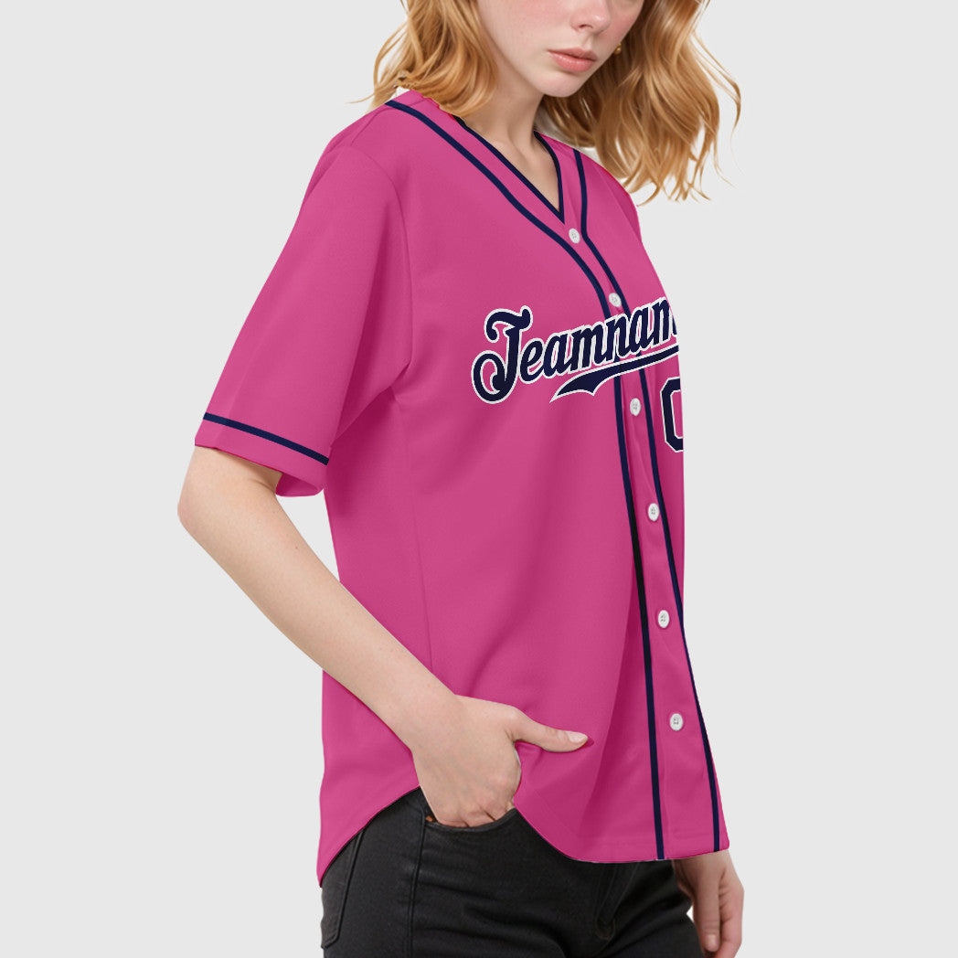 Custom Pink White Navy Piping Baseball Jersey