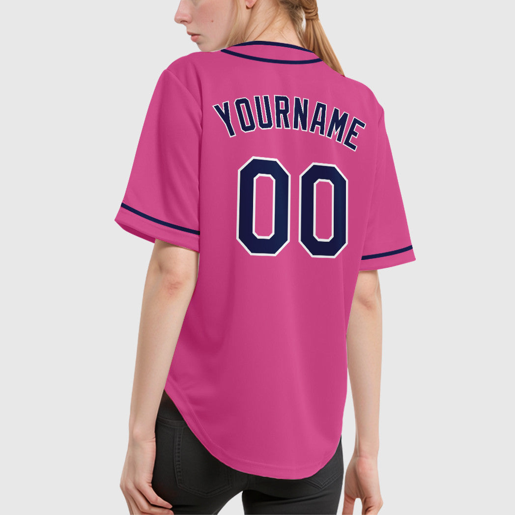 Custom Pink White Navy Piping Baseball Jersey