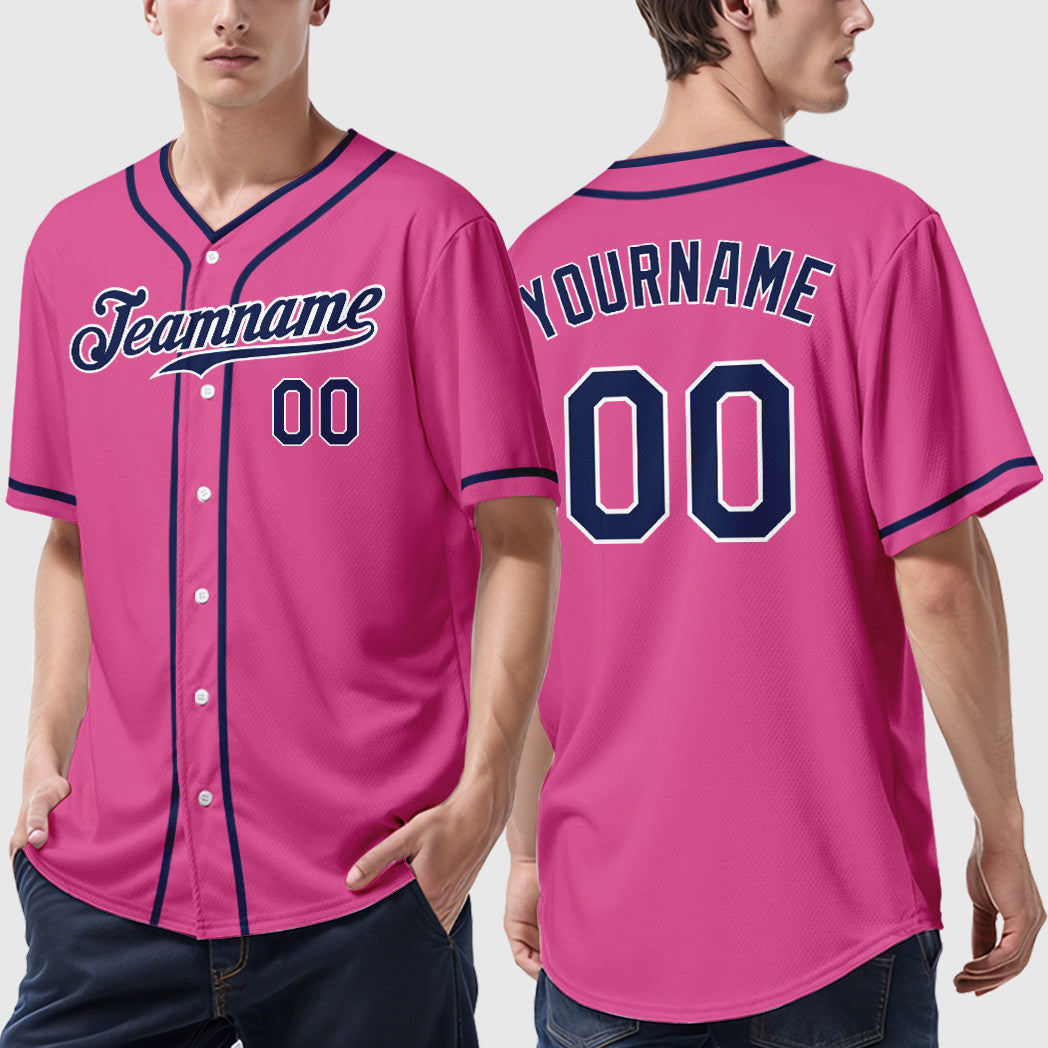 Custom Pink White Navy Piping Baseball Jersey