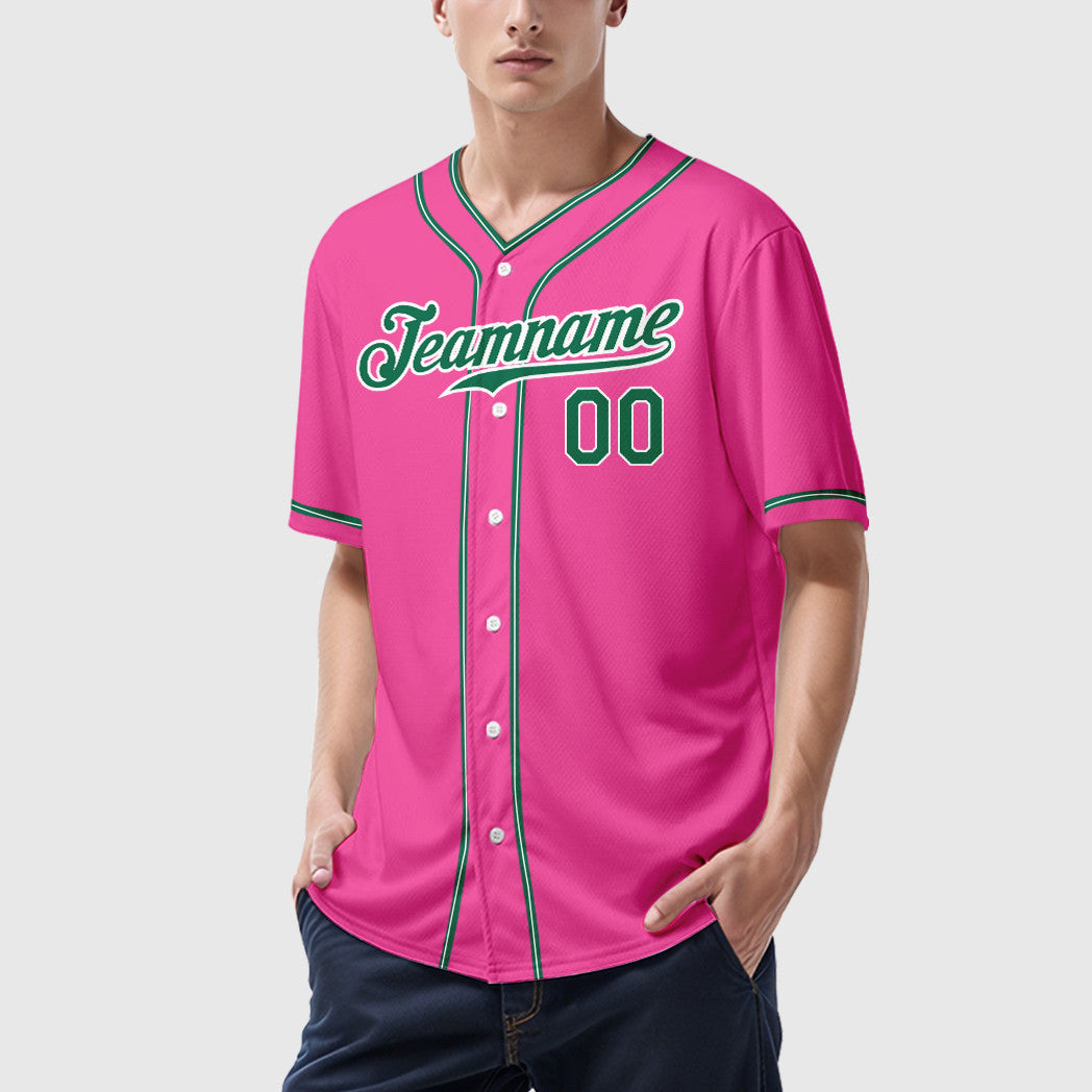 Custom Pink White Kelly Green Piping Baseball Jersey