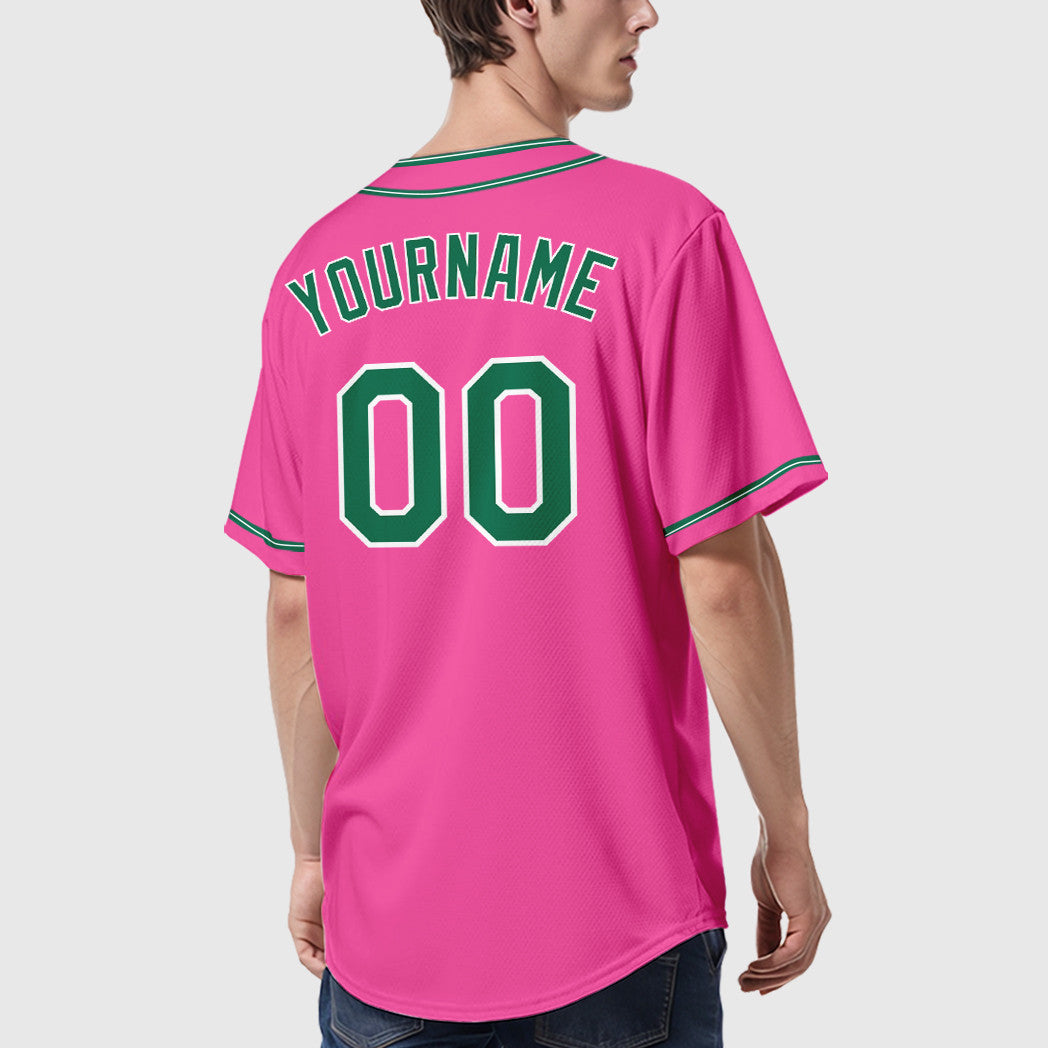 Custom Pink White Kelly Green Piping Baseball Jersey