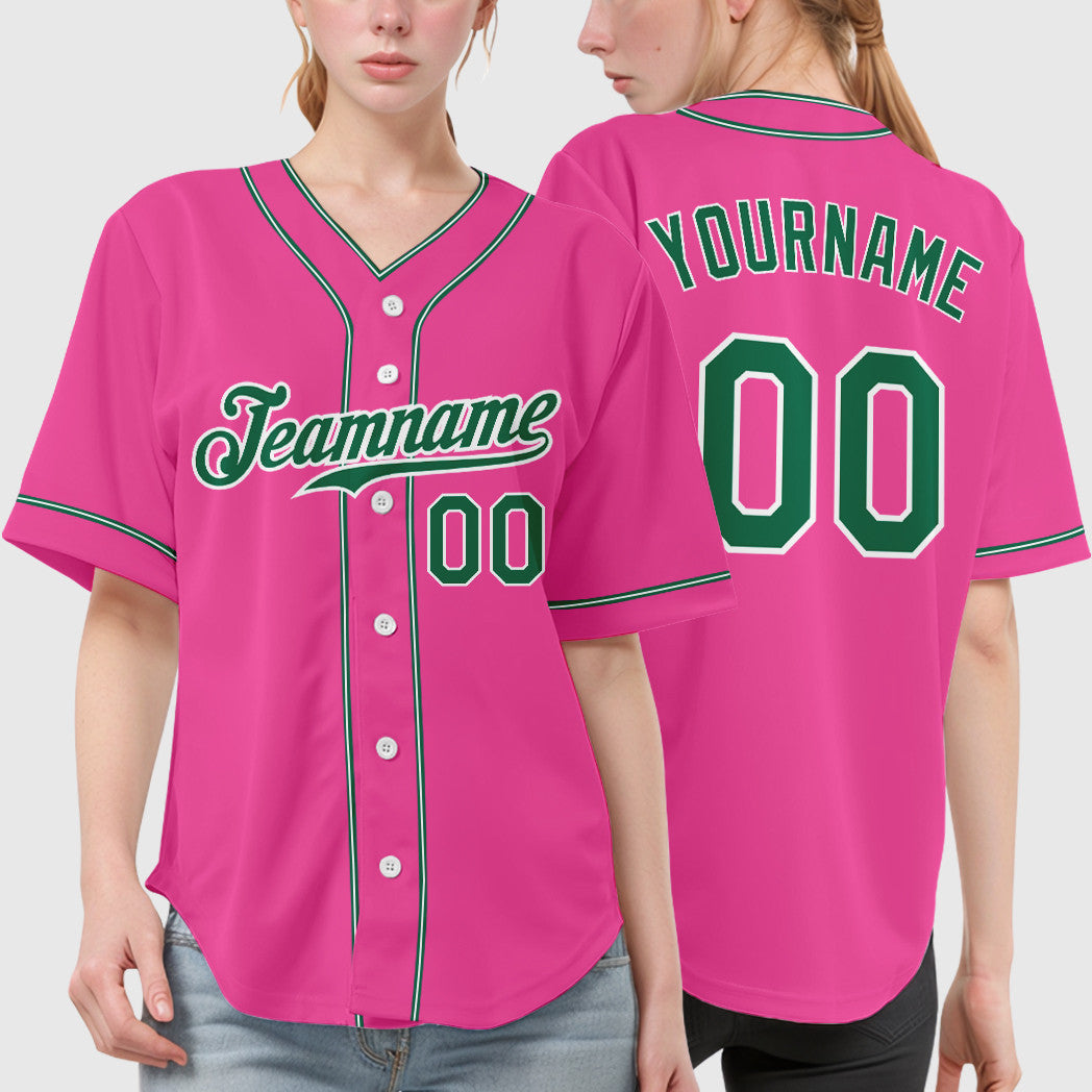 Custom Pink White Kelly Green Piping Baseball Jersey