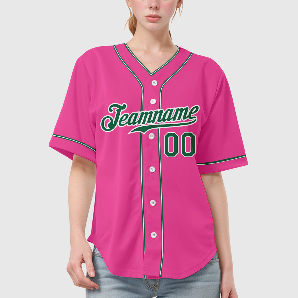 Custom Pink White Kelly Green Piping Baseball Jersey