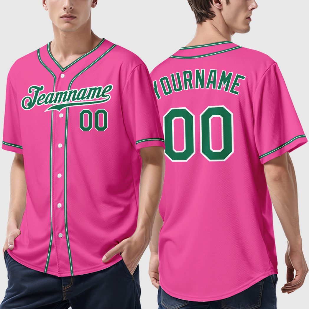 Custom Pink White Kelly Green Piping Baseball Jersey