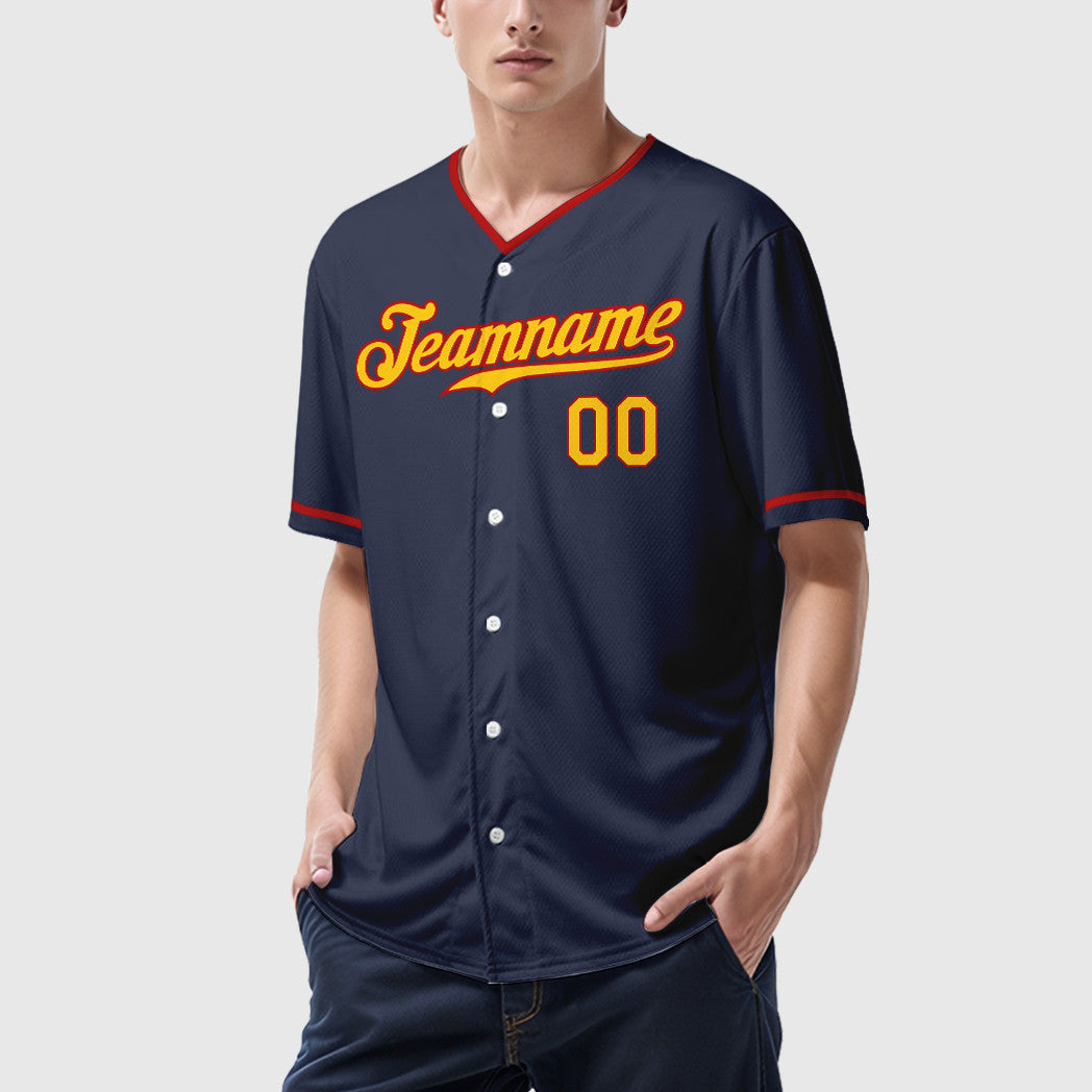 Custom Navy Yellow Red Collar Sleeve Baseball Jersey