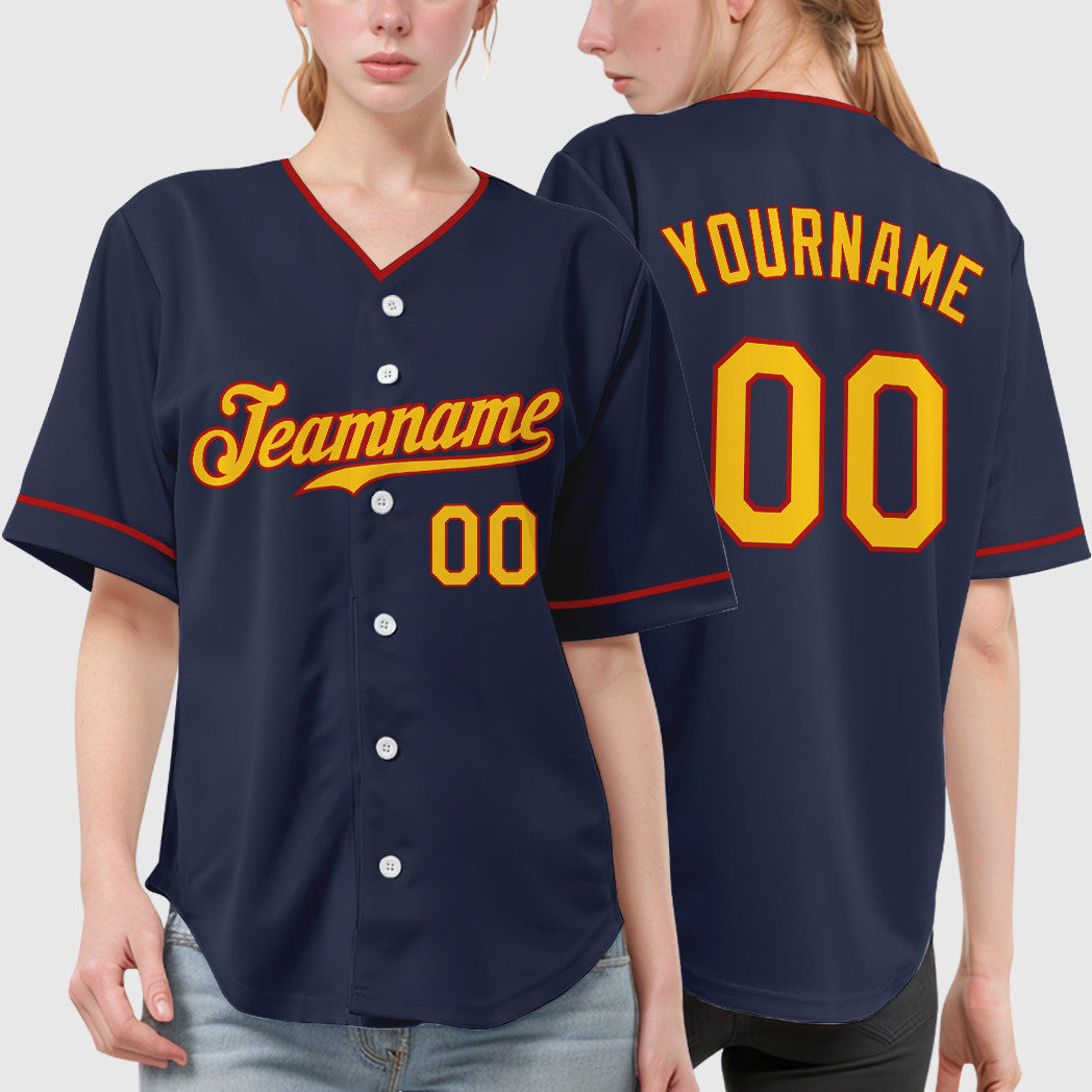 Custom Navy Yellow Red Collar Sleeve Baseball Jersey