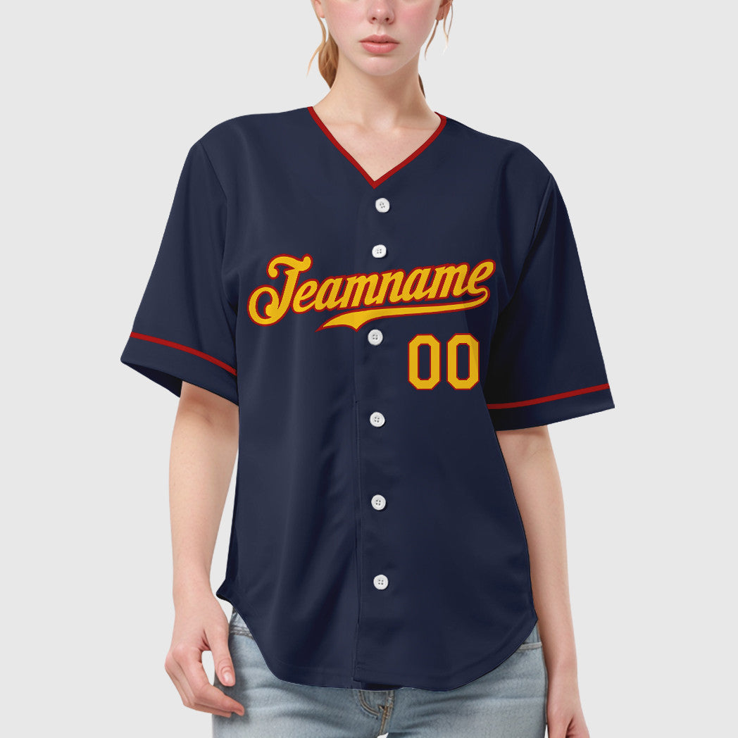 Custom Navy Yellow Red Collar Sleeve Baseball Jersey
