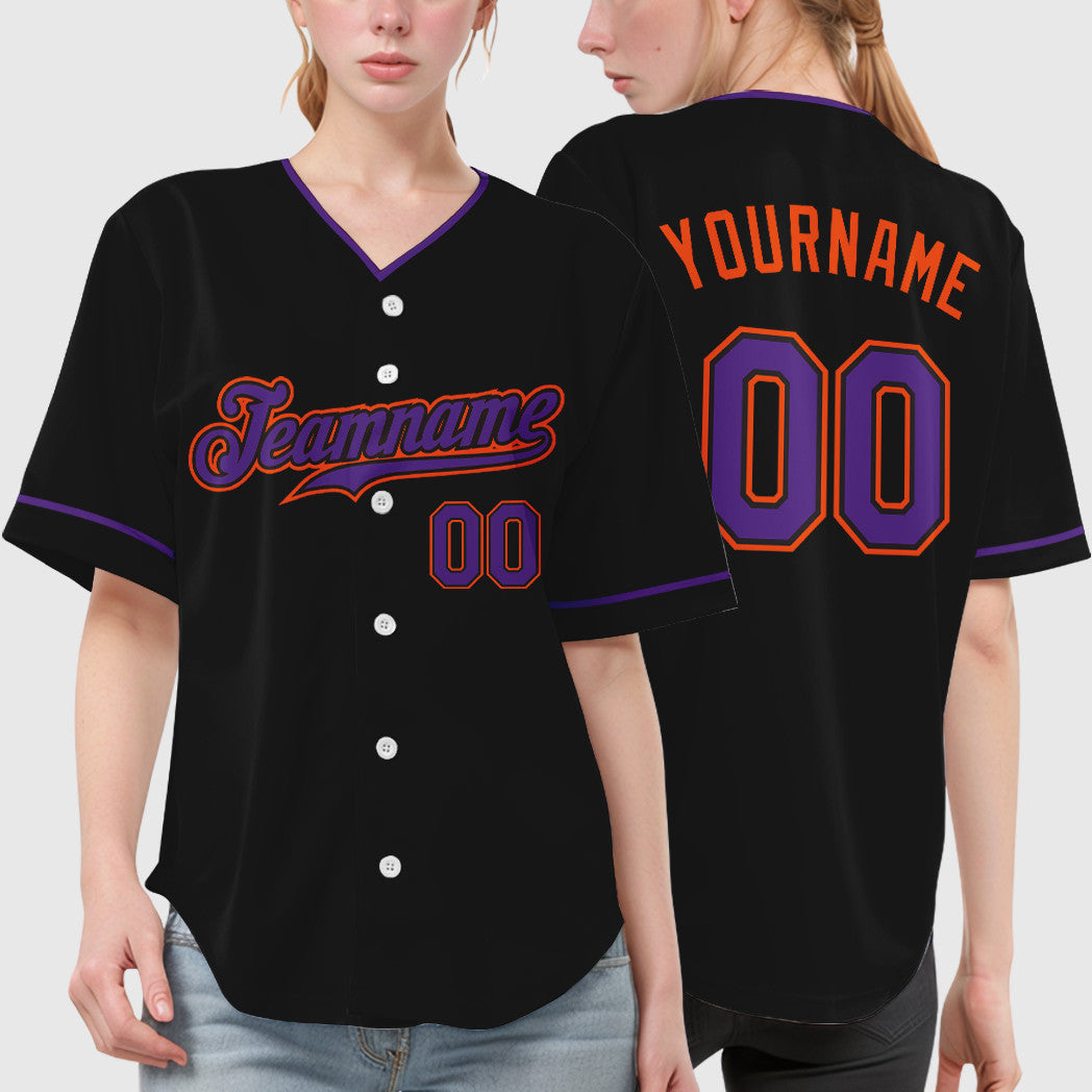 Custom Black Orange Purple Collar Sleeve Baseball Jersey