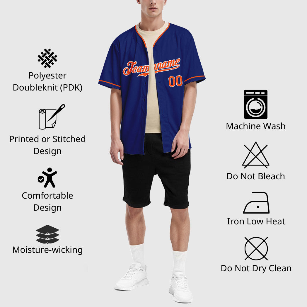 Custom Royal White Orange Collar Sleeve Baseball Jersey