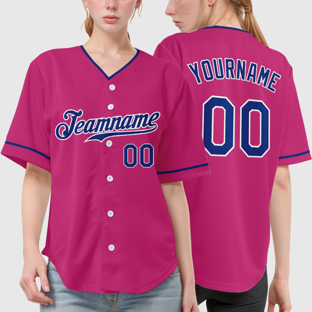 Custom Pink White Royal Collar Sleeve Baseball Jersey