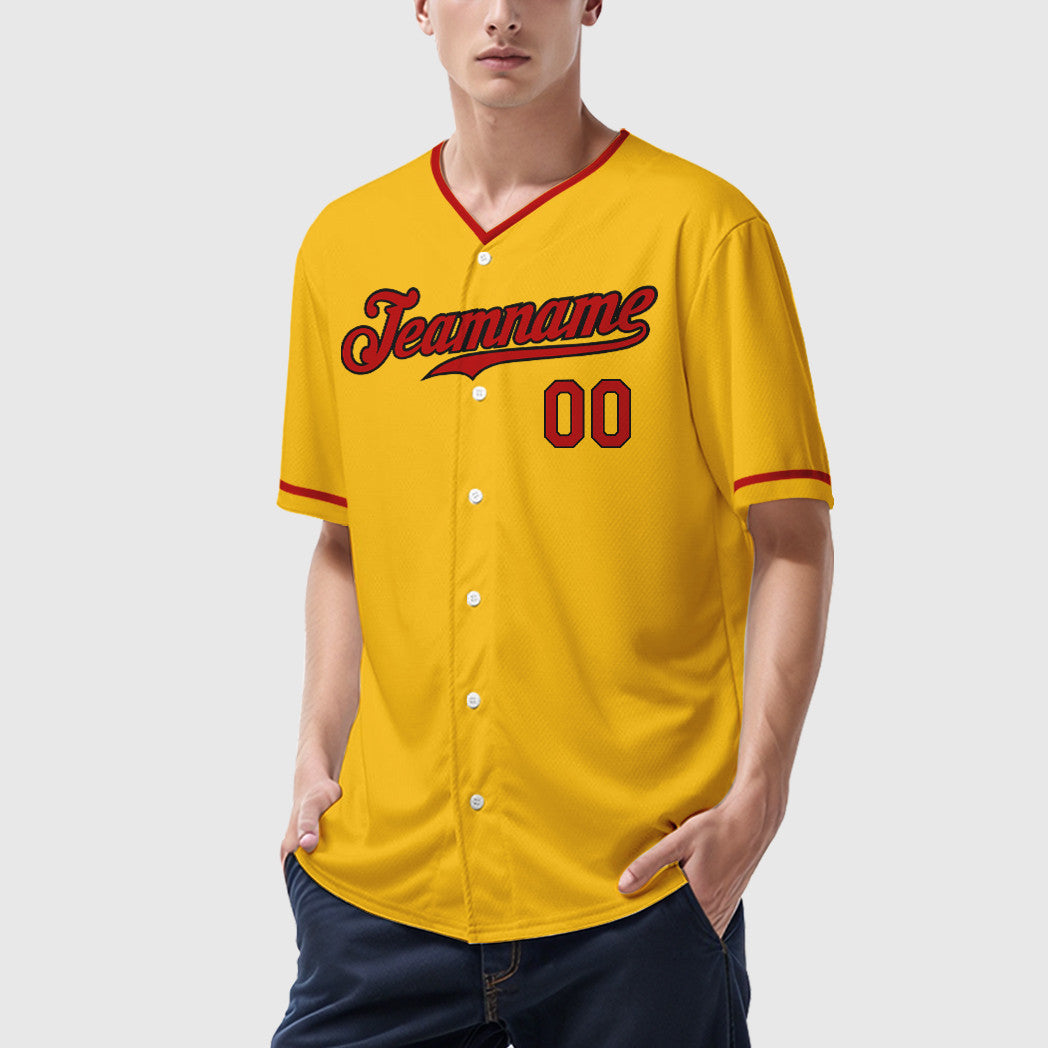 Custom Yellow Black Red-Black Collar Sleeve Baseball Jersey