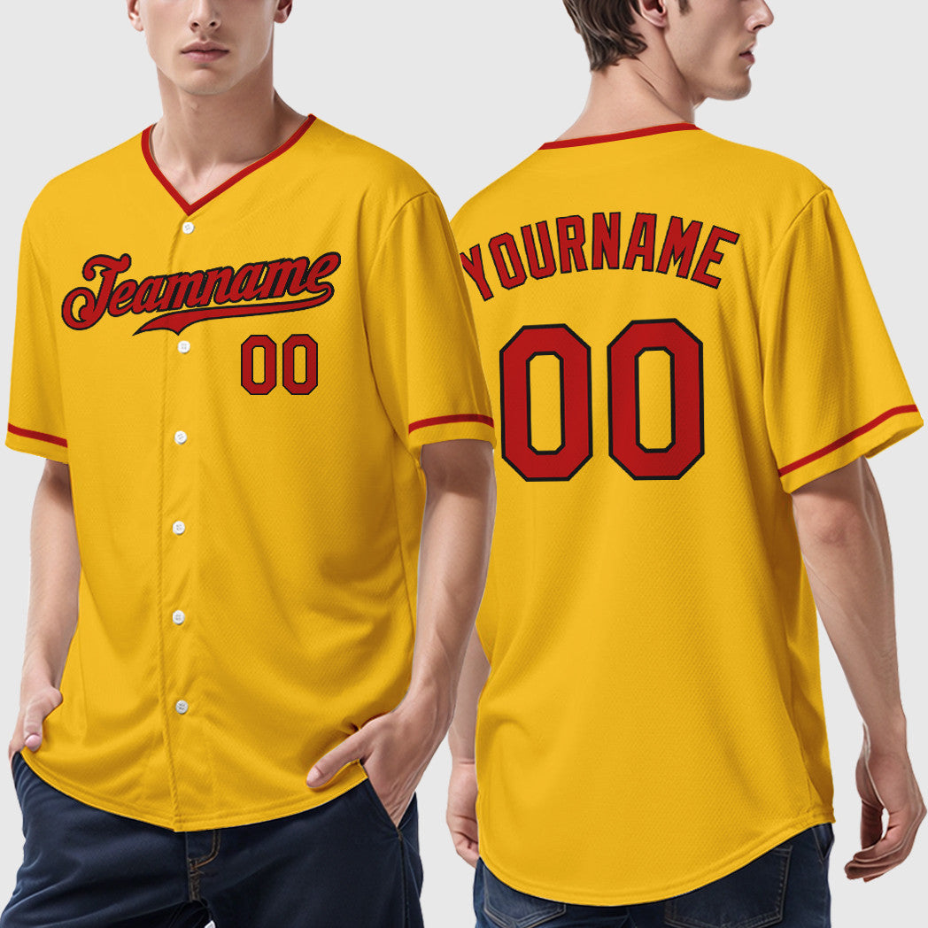 Custom Yellow Black Red-Black Collar Sleeve Baseball Jersey