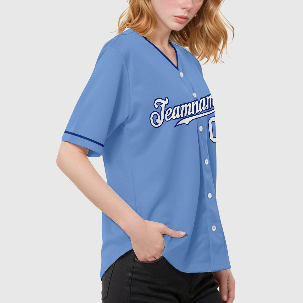 Custom Powder Blue White Royal Collar Sleeve Baseball Jersey