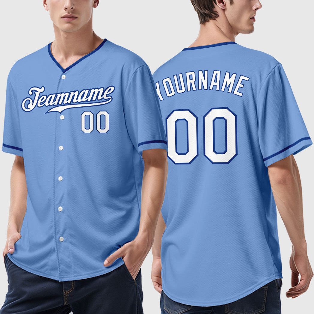 Custom Powder Blue White Royal Collar Sleeve Baseball Jersey
