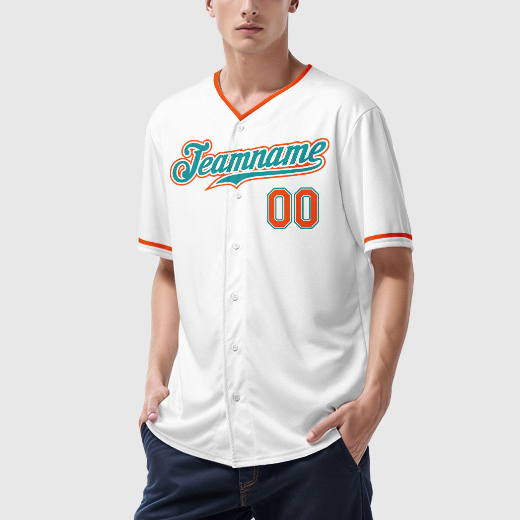 Custom White Teal Teal-Orange Collar Sleeve Baseball Jersey