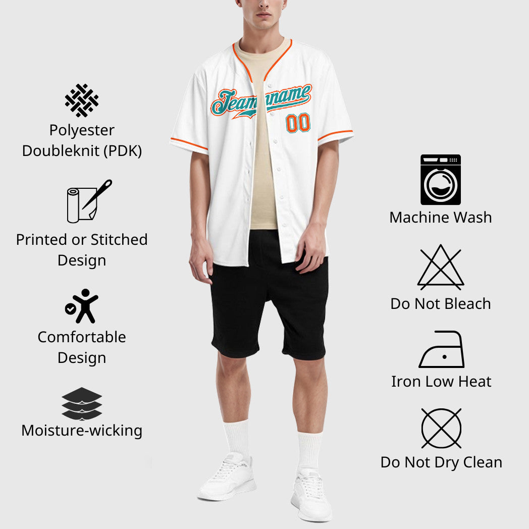 Custom White Teal Teal-Orange Collar Sleeve Baseball Jersey