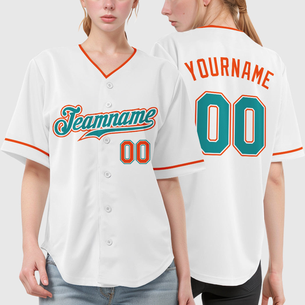 Custom White Teal Teal-Orange Collar Sleeve Baseball Jersey