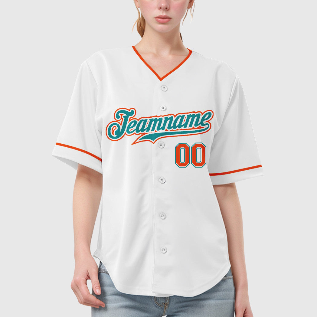 Custom White Teal Teal-Orange Collar Sleeve Baseball Jersey