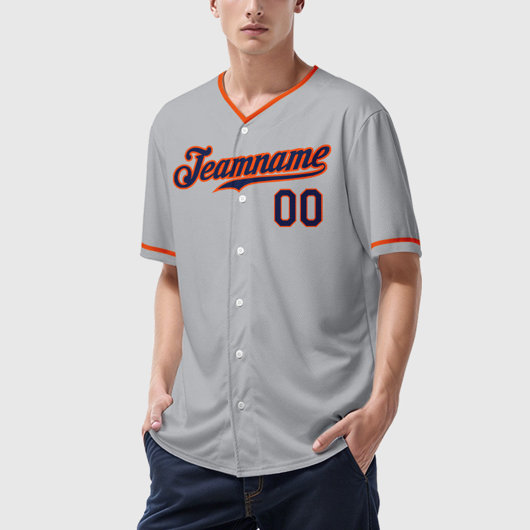 Custom Gray Navy Orange Collar Sleeve Baseball Jersey