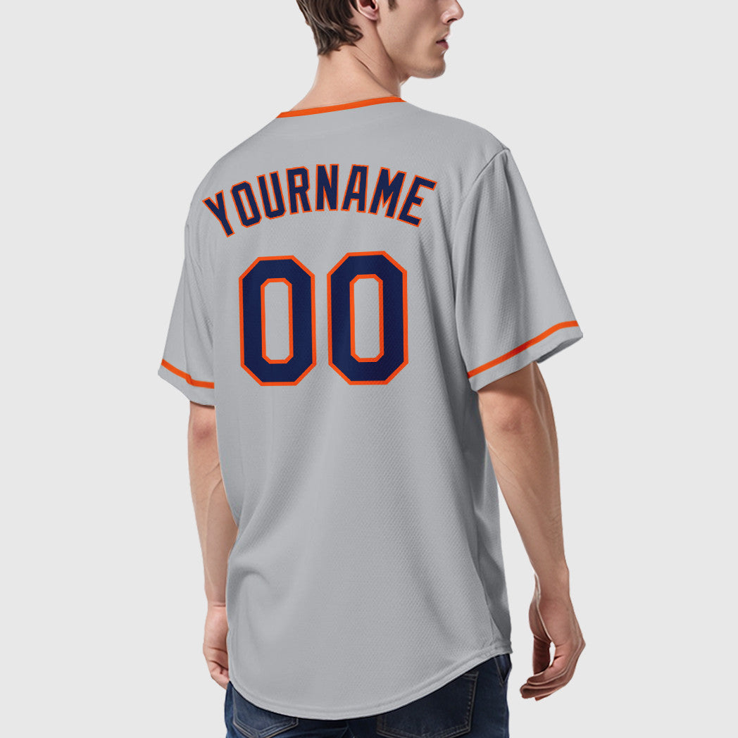 Custom Gray Navy Orange Collar Sleeve Baseball Jersey