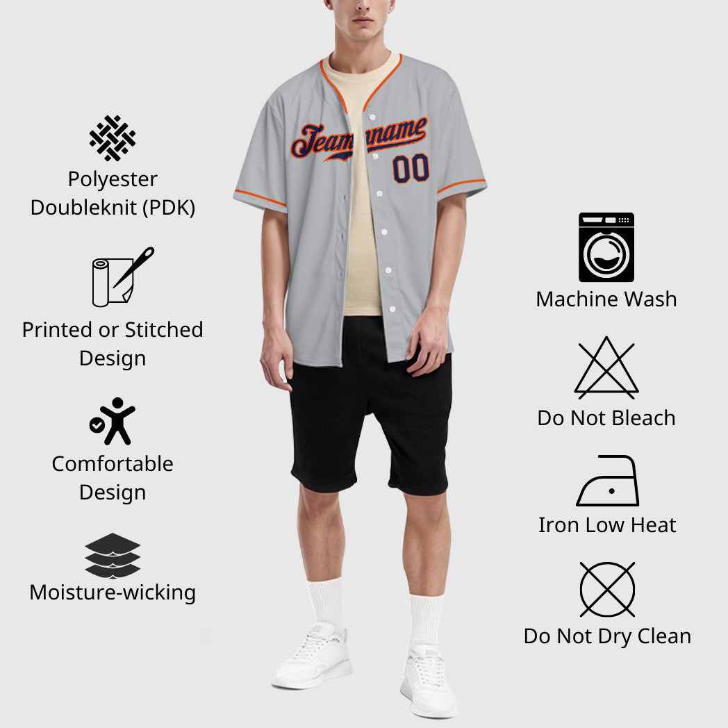 Custom Gray Navy Orange Collar Sleeve Baseball Jersey