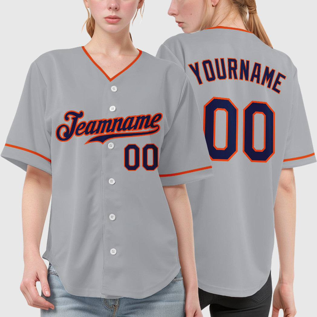 Custom Gray Navy Orange Collar Sleeve Baseball Jersey