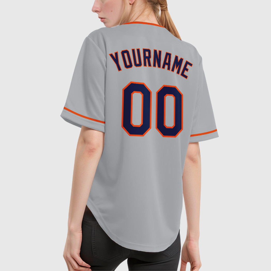Custom Gray Navy Orange Collar Sleeve Baseball Jersey