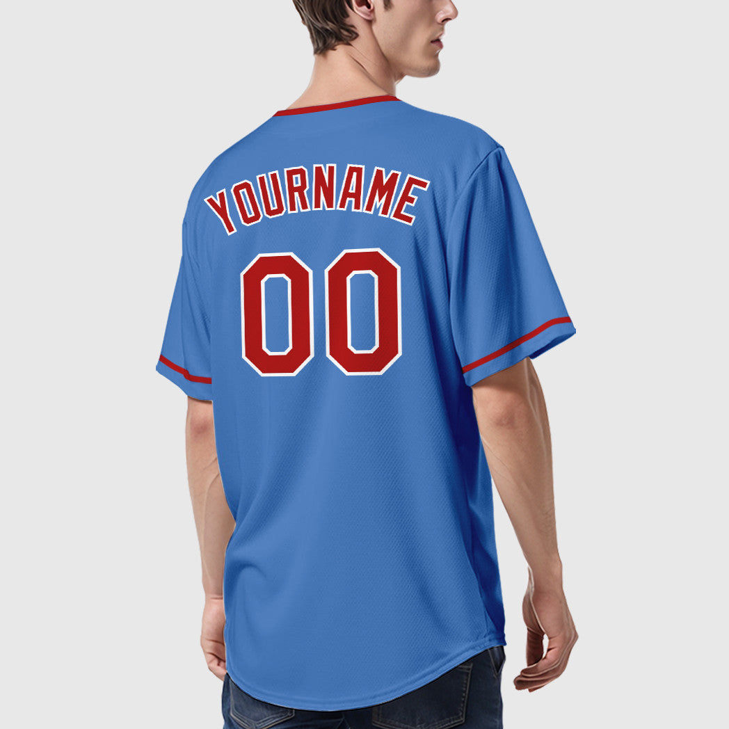 Custom Powder Blue White Red Collar Sleeve Baseball Jersey