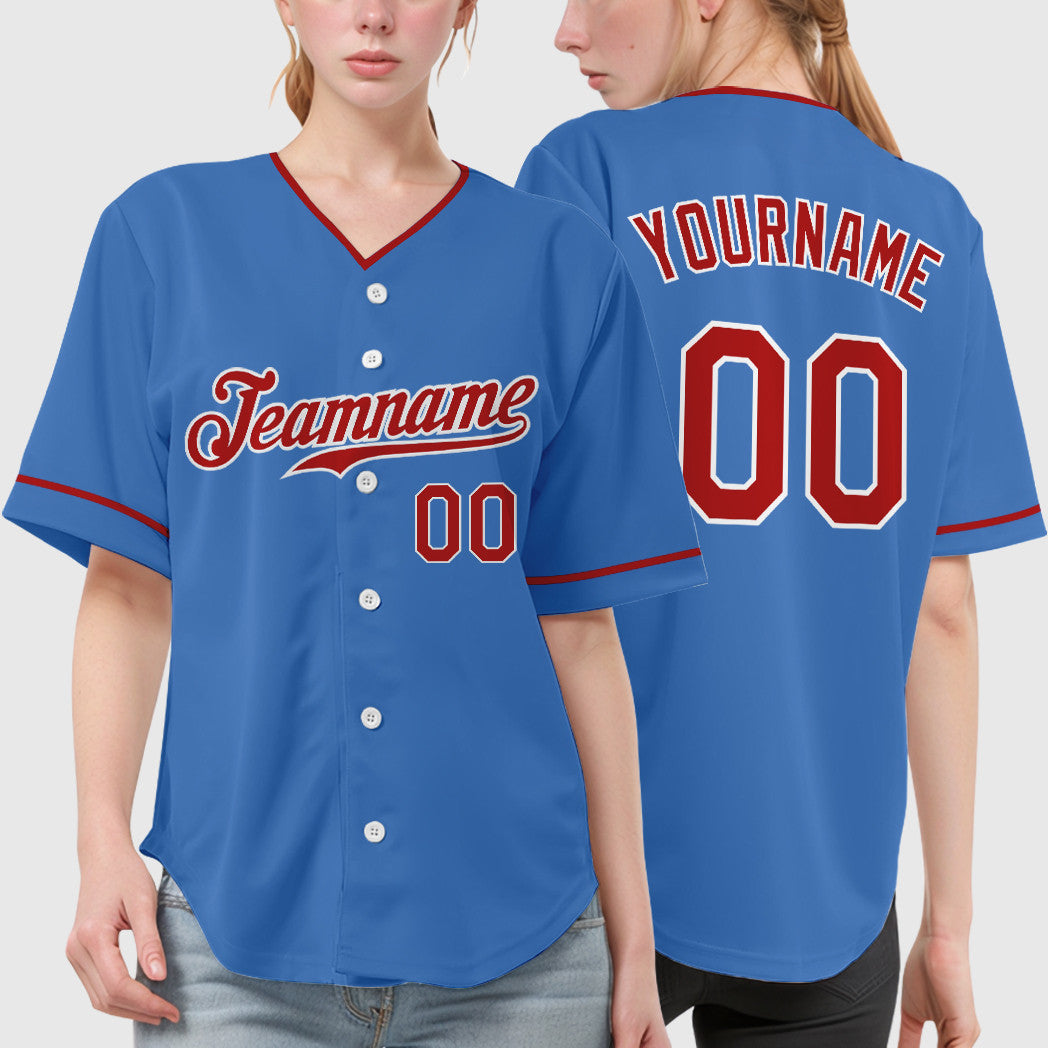 Custom Powder Blue White Red Collar Sleeve Baseball Jersey